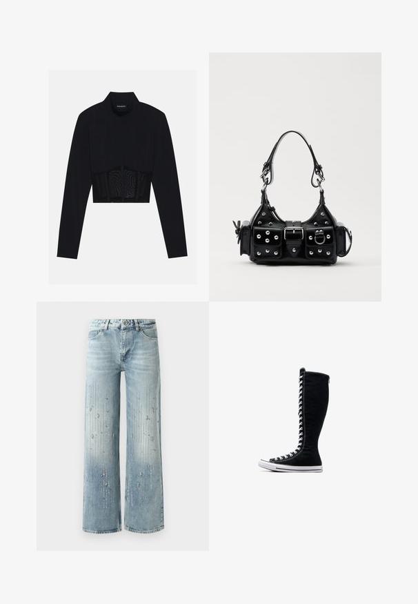 Melnā garām piedurknēm kroplika blūze ar augstu kakla izgriezumu, caurspīdīgu sieta paneli jostasvietā un strukturētām šuvēm pieguļošam dizainam.; Gaiši zilas platās kājas džinsus, kas izgatavoti no denima, ar gradienta krāsu efektu un rotājumiem no sudraba rhinestones vertikālā rakstā.; Melni augstie sporta apavi ar augstu dizainu, izgatavoti no kanvas. Iezīmēti ar baltiem auklām, diegojumiem un gumijas zoli ar purngalu.; Melnas ādas rokturmais ar izliekumu, ar sudraba iedurtiem, sprādzi un divām sānu kabatām. Regulējams siksniņas garums dažādām nēsāšanas iespējām.