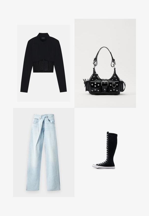 Zwarte lange mouwen crop top met een hoge hals, een doorschijnend meshpaneel op de taille en gestructureerde naden voor een aansluitend ontwerp.; Lichtblauwe wijde jeans van denim, met een unieke crossover tailleband en vijf-pocket ontwerp. Gladtextrue en rechte snits.; Zwarte hoge sneakers met een hoge ontwerp, gemaakt van canvas. Beschikken over witte veters, stiksels en een rubberen zool met een neuskap.; Zwarte lederen handtas met een gebogen ontwerp, voorzien van zilveren studs, een gesp en twee zijvakken. Verstelbare schouderband voor verschillende draagmogelijkheden.