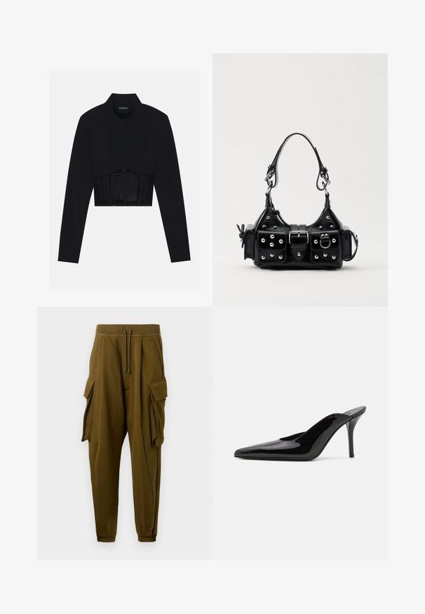 Schwarzes langärmliges Crop-Top mit hohem Kragen, einem durchsichtigen Netzpaneel an der Taille und strukturierten Nähten für einen taillierten Schnitt.; Olivengrüne Jogginghosen mit Kordelzugbund, zwei große Cargo-Taschen mit Klappen an jeder Seite und gerippten Knöcheln.; Schwarze Lackleder-Pumps mit hohen Absätzen, spitzer Zehenform und schlanker Silhouette, mit offenem Rücken und schlankem Stiletto-Absatz.; Schwarze Lederhandtasche mit einem geschwungenen Design, verziert mit silbernen Nieten, einer Schnalle und zwei seitlichen Taschen. Verstellbarer Träger für verschiedene Tragemöglichkeiten.