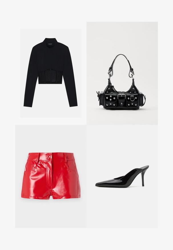Mustat pitkät hihattomat crop-topit, joissa on korkea kaula-aukko, läpikuultava verkkopaneeli vyötäröllä ja muotoillut saumat istuvuutta varten.; Punaiset keinonahkashortsit, joissa on kiiltävä pinta, korkealla vyötäröllä, etutaskuilla ja tikkausdetailleilla. Rakenne ja muotoilu ovat tiukkoja.; Mustat patentoidut korkeakorkoiset mulesandaalit, joissa on terävä kärki ja sulavalinjainen siluetti. Kenkäparissa on avonainen takaosa ja hoikka stiletto-korko.; Musta nahkainen käsilaukku, jossa on kaareva muotoilu, hopeiset niitit, solki ja kaksi sivutaskua. Säädettävä olkahihna erilaisiin kantovaihtoehtoihin.