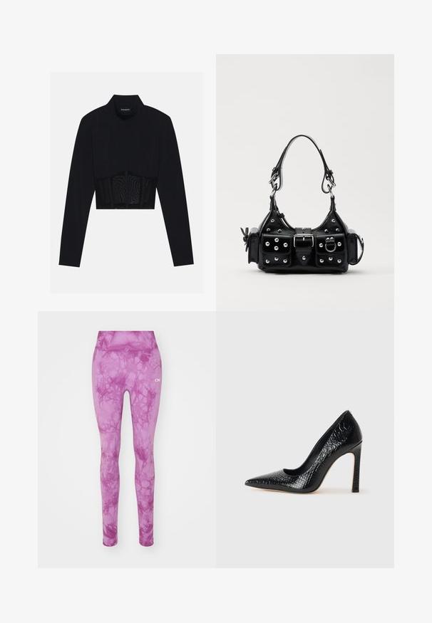 Čierny dlhý rukáv crop top s vysokým golierom, priehľadnou sieťovinou v oblasti pása a tvarovanými švami pre priliehavý dizajn.; Ružové legíny s mramorovým vzorom, s elastickým pásom a hladkým povrchom. Logo značky je zobrazené v bielej farbe na boku.; Čierna lodička s špicatou špičkou a lakovanou textúrou krokodíla, s elegantným dizajnom, vysokým stiletto podpätkom a hladkým čiernym interiérom.; Čierna kožená kabelka s zakriveným dizajnom, doplnená striebornými cvočkami, prackou a dvoma bočnými vreckami. Nastaviteľný popruh poskytuje rôzne možnosti nosenia.