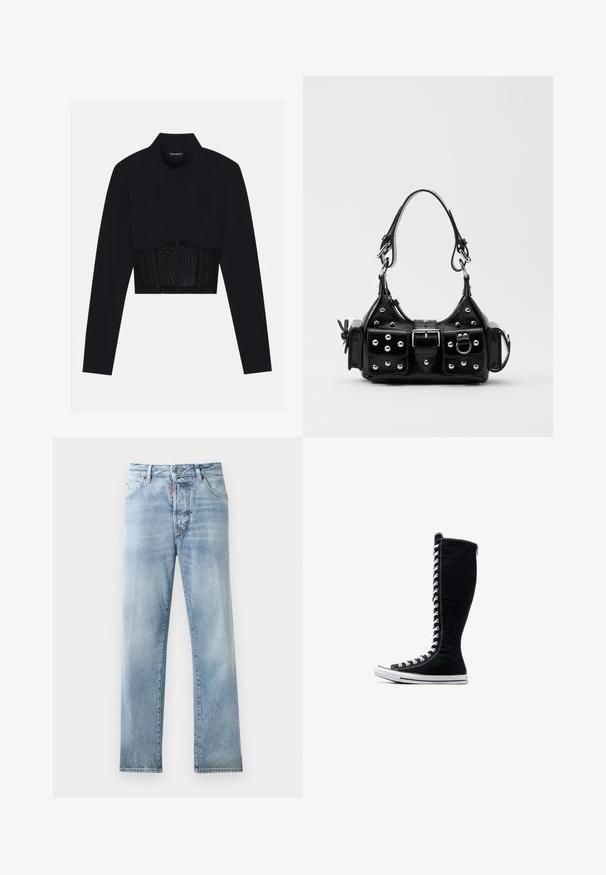 Črn dolg rokav krojen zgornji del, ki ima visok ovratnik, prosojen mrežast panel na pasu in strukturirane šive za prileganje.; Svetlo modri jeans z ravnim krojem nogavic, zasnovo s petimi žepi in vidnim šivanjem. Imajo gumbasto zapiranje v pasu.; Črne visoke superge z visokim dizajnom, narejene iz platna. Imajo bele vezalke, šivanje in gumijast podplat z zaščito za prste.; Črna usnjena torbica s ukrivljenim dizajnom, ki vsebuje srebrne žebljičke, zaponko in dve stranski žepki. Nastavljiv trak za različne možnosti nošenja.