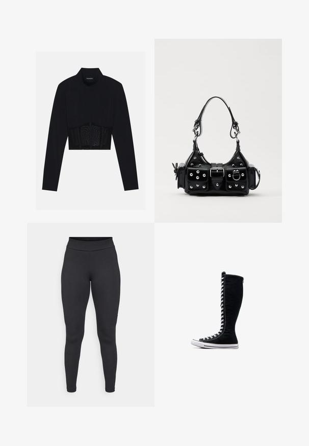 Fekete, hosszú ujjú crop top, magas nyakkal, áttetsző hálós betéttel a deréknál és strukturált varrásokkal, amelyek feszes szabást biztosítanak.; Fekete leggings rugalmas anyagból, magas derékkal, testhez álló fazonnal és sima textúrával, látható minták vagy díszítések nélkül.; Fekete magasszárú tornacipők, magas kialakítással, vászonból készült. Fehér fűzőkkel, varrással és gumitalppal rendelkezik, melynek elülső része meg van erősítve.; Fekete bőr kézitáska ívelt designnal, ezüst szegecsekkel, csattal és két oldalsó zsebbel. Állítható vállpánt a hordozási lehetőségekhez.