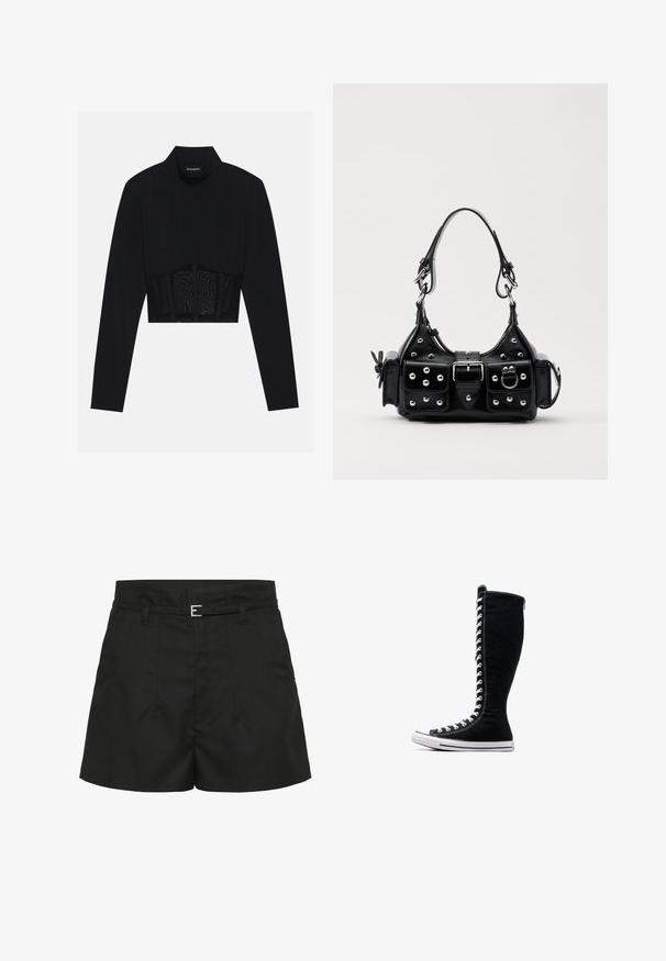 Čierny dlhý rukáv crop top s vysokým golierom, priehľadnou sieťovinou v oblasti pása a tvarovanými švami pre priliehavý dizajn.; Čierne šortky s vysokým pásom, so zašitými sklady, bočnými vreckami, pútkami na opasok a úzkym čiernym opaskom so striebornou prackou.; Čierne vysoké tenisky s vysokým dizajnom, vyrobené z plátna. Majú biele šnúrky, švy a gumovú podrážku s ochranným krytom na špičke.; Čierna kožená kabelka s zakriveným dizajnom, doplnená striebornými cvočkami, prackou a dvoma bočnými vreckami. Nastaviteľný popruh poskytuje rôzne možnosti nosenia.