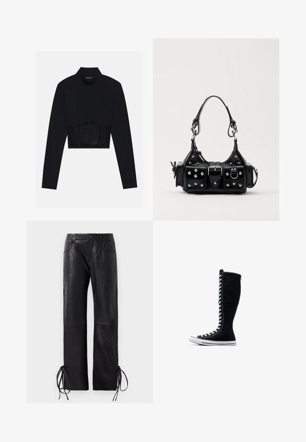 Črn dolg rokav krojen zgornji del, ki ima visok ovratnik, prosojen mrežast panel na pasu in strukturirane šive za prileganje.; Črne usnjene hlače z rahlo teksturirano površino, ravno krojene in z nastavljivimi vezalkami na robu za prilagodljivo prileganje.; Črne visoke superge z visokim dizajnom, narejene iz platna. Imajo bele vezalke, šivanje in gumijast podplat z zaščito za prste.; Črna usnjena torbica s ukrivljenim dizajnom, ki vsebuje srebrne žebljičke, zaponko in dve stranski žepki. Nastavljiv trak za različne možnosti nošenja.