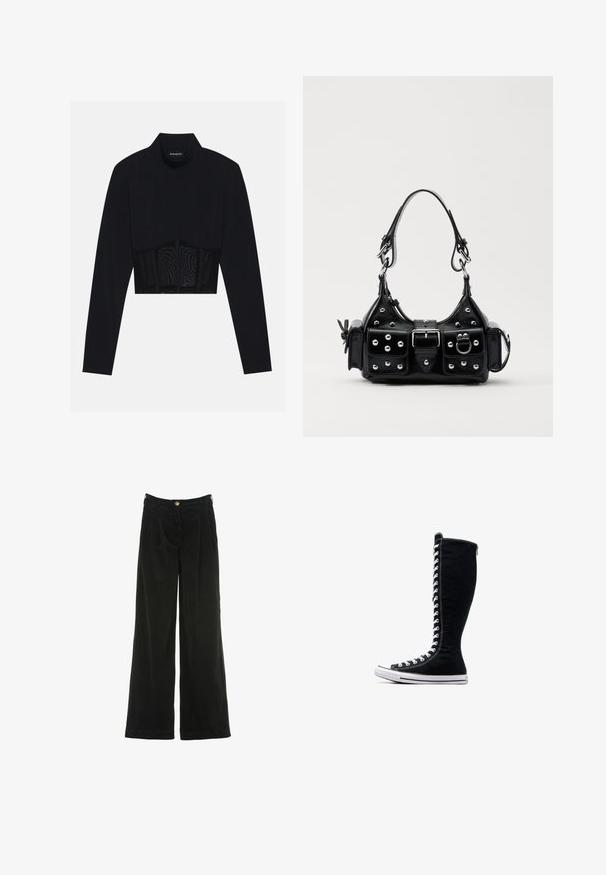 Črn dolg rokav krojen zgornji del, ki ima visok ovratnik, prosojen mrežast panel na pasu in strukturirane šive za prileganje.; Črne široke hlače iz korduroja z naborki, z zlatim gumbom za zapiranje in teksturirano površino. Žepov ni vidnih.; Črne visoke superge z visokim dizajnom, narejene iz platna. Imajo bele vezalke, šivanje in gumijast podplat z zaščito za prste.; Črna usnjena torbica s ukrivljenim dizajnom, ki vsebuje srebrne žebljičke, zaponko in dve stranski žepki. Nastavljiv trak za različne možnosti nošenja.
