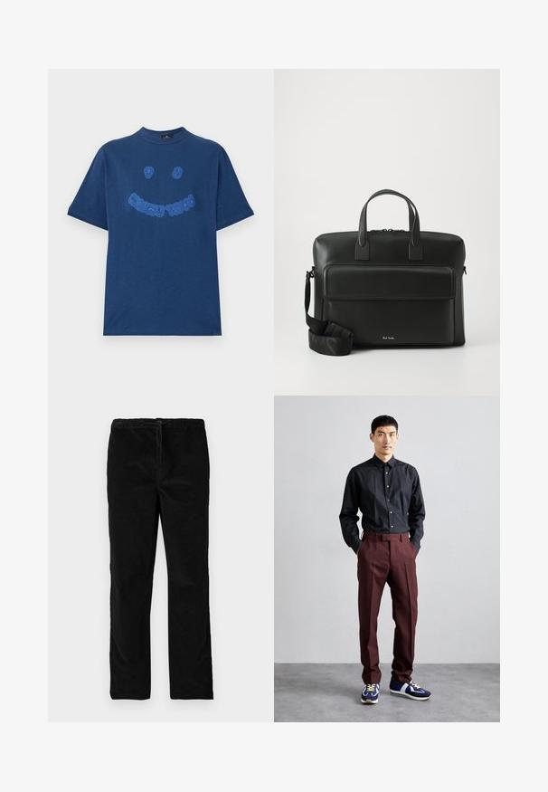 Marineblauwe katoenen t-shirt met een ronde hals. Voorzien van blauwe geborduurde grafische tekst en een smiley-ontwerp aan de voorkant. Korte mouwen.; Zwarte rechte fluwelen broek met elastische tailleband en voorste trekkoord, gepresenteerd tegen een eenvoudige witte achtergrond.; Zwarte, langemouwen overhemd met knopen in combinatie met hoog-gewelfde bordeaux kleuren broek en blauwe sneakers met groene accenten. Model staat met handen in de zakken.; Zwarte leren aktetas met dubbele handgrepen aan de bovenkant, een voorvak en een afneembare schouderriem, met subtiele branding aan de onderkant.