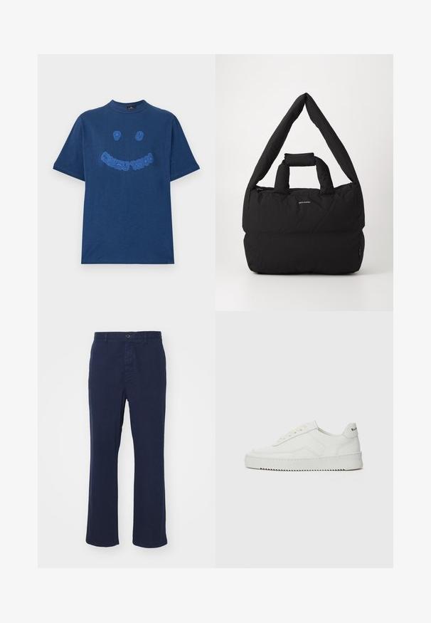 Tumši zila kokvilnas T-kreklā ar apaļo kakla izgriezumu. Priekšpusē ir zils izšūts grafiskais teksts un smaidošas sejas dizains. Īsas piedurknes.; Jūras spēku zilas kokvilnas bikses ar taisnu kāju dizainu, ar priekšējo pogu aizdari un sānu kabatām. Gluda tekstūra ar minimālu detaļu skaitu.; Baltas ādas sneakers ar gludu virsmu, apaļu pirkstu daļu, plakaniem šņorēm un teksturētu zoli. Satur diskrētu logotipu uz papēža.; Melnā mīkstā soma ar plata, mīksta pleca siksnu un augšējo rokturi. Aprīkota ar rāvējslēdzēja aizdari un diskrētu logotipu priekšpusē.
