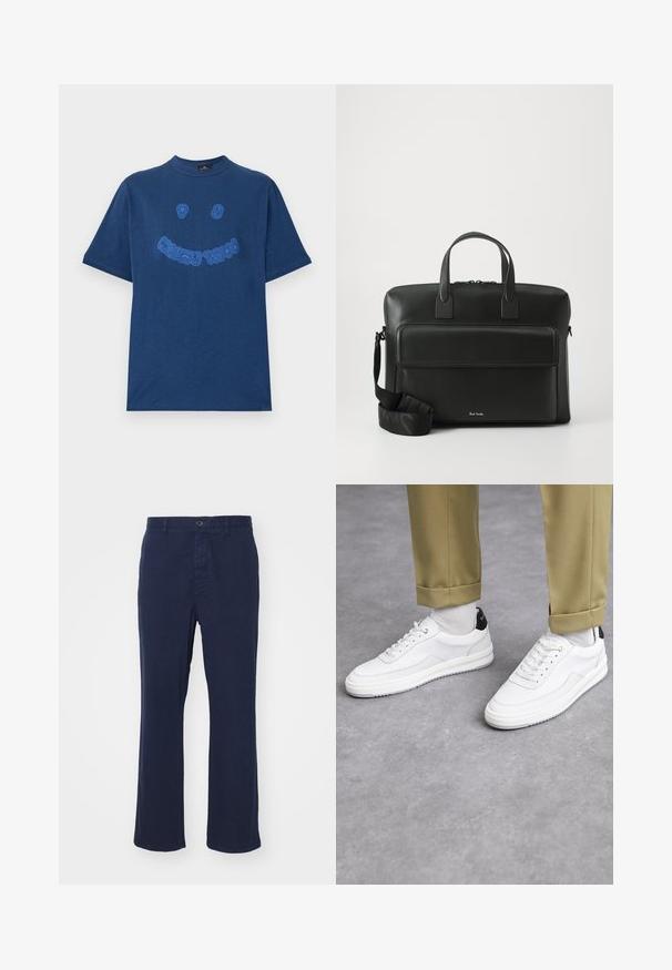 Marineblauwe katoenen t-shirt met een ronde hals. Voorzien van blauwe geborduurde grafische tekst en een smiley-ontwerp aan de voorkant. Korte mouwen.; Navyblauwe katoenen broek met een recht pijpdesign, voorzien van een sluiting met een voorknoop en zijzakken. Gladde textuur met minimale details.; Witte sneakers met een textuur van leerafwerkingen, een ronde neus en een zwarte hielaccent. Rubberen zool met een klein profiel en gestikte details.; Zwarte leren aktetas met dubbele handgrepen aan de bovenkant, een voorvak en een afneembare schouderriem, met subtiele branding aan de onderkant.