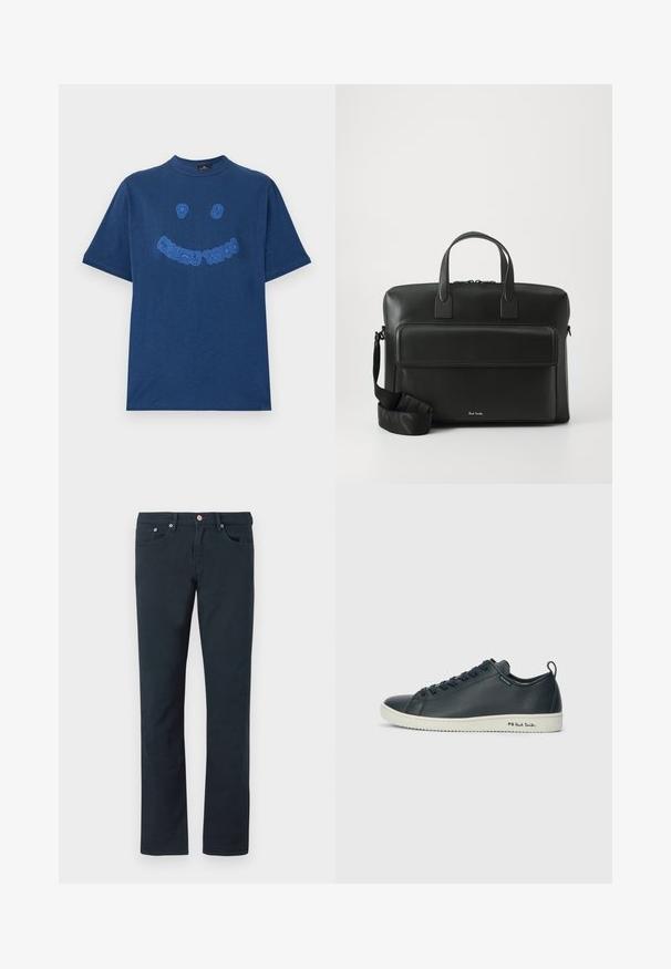 Námořnická modrá bavlněná tričko s kulatým výstřihem. Na přední straně má modře vyšitý grafický text a motiv usmívající se tváře. Krátké rukávy.; Tmavě modré bavlněné kalhoty se střihem rovného nohavice, které mají dvě přední kapsy a knoflíkové zapínání s kovovým hardwarem. Měkká textura.; Tmavě námořnické kožené tenisky s hladkým povrchem, zaoblenou špičkou, šesti očky na šněrování a kontrastní bílou gumovou podrážkou. Obsahují značení na boku.; Černá kožená aktovka s dvojitými horními držadly, přední kapsou a odnímatelným popruhem, s jemným brandingem ve spodní části.