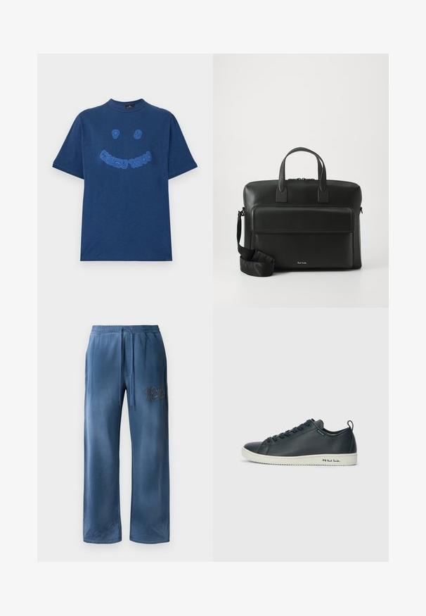 Granatowa bawełniana koszulka z okrągłym dekoltem. Z przodu ma haftowany niebieski tekst oraz wzór uśmiechniętej buzi. Krótkie rękawy.; Niebieskie welurowe spodnie z szerokimi nogawkami, z elastycznym paskiem w talii, sznurkiem do regulacji, bocznymi kieszeniami oraz haftowanym logo na prawym udzie.; Ciemnoniebieskie skórzane trampki o gładkim wykończeniu, zaokrąglonym nosku, sześciu oczkach sznurowadeł i kontrastowej białej gumowej podeszwie. Posiadają logo po boku.; Czarna skórzana teczka z podwójnymi rączkami u góry, przednią kieszenią oraz odpinanym paskiem, z delikatnym logo na dole.