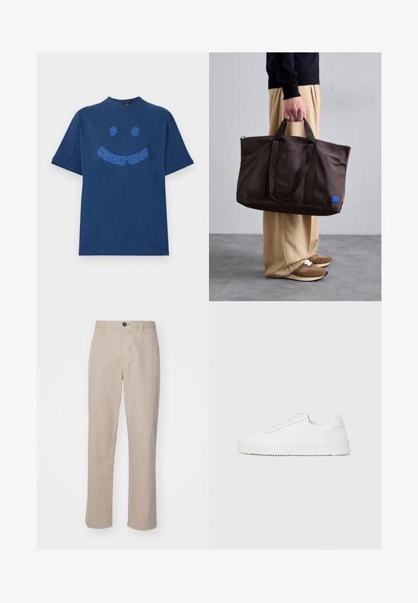 Sötétkék pamut póló kerek nyakkivágással. Elöl kék hímzett grafikus szöveggel és mosolygós arc mintával rendelkezik. Rövid ujjú.; Beige egyenes szárú nadrág könnyű anyagból, gombos zárással és diszkrét varrási részletekkel. Lapított elülső rész oldalsó zsebekkel.; Fehér sneaker sima bőr felsőrésszel, lekerekített orral, fűzőkkel, texturált oldalsó díszítésekkel és vastag gumitalppal. Minimalista dizájn.; Barna nylon válltáska dupla fogantyúval, cipzáros záródással és kék logós címerrel. Simább textúrájú, strukturált kialakítás, tágas belső tér.