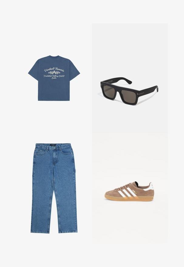 Mėlyna trumpomis rankovėmis marškinėliai su balta gėlių grafika ir tekstu "Verdant Reverie Prohibited Clothing GmbH Berlyne" ant nugaros.; Mėlynos džinsinės kelnės su tiesiu kirpimu, turinčios penkis kišenes, mygtuko užsegimą ir diržo kilpas. Audinys turi tekstūrinį paviršių.; Rudi zomšiniai sportbačiai su trimis baltais brūkšneliais, auksiniu "Gazelle" logotipu ir guminiu padu. Turi paminkštintą liežuvį ir kulną komfortui.; Juodos stačiakampės saulės akinių rėmeliai su tamsiais lęšiais. Matinė apdaila, su subtiliais metaliniais akcentais ant šventyklų. Nėra matomo prekių ženklo logo.