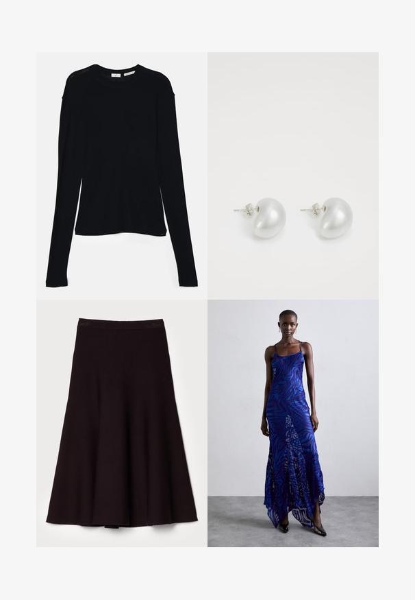 Must mustärg pikkade varrukatega topp, mis on valmistatud pehmest kangast. Topil on ümar kaelus ja lõdvem lõige, mille ääres on külgedel lõiked, et liikuda mugavalt.; Must ja flared seelik, mis on valmistatud pehmest kangast, millel on sile vöökoht ja voolav A-line disain, ning põlvepikkune ääre.; Sinine ja lilla loomade mustriga maksikleit õhukeste rihmadega, keha lähedane pealisosa, laienev allosa ja poolläbipaistev overlays detail.; Hõbedased pärli kõrvarõngad, millel on kumer oas kuju. Sile, läikiv pind, kinnitatud postiga ja tagumise sulguri abil.