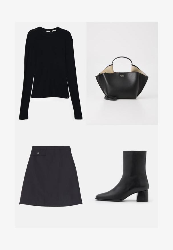 Must mustärg pikkade varrukatega topp, mis on valmistatud pehmest kangast. Topil on ümar kaelus ja lõdvem lõige, mille ääres on külgedel lõiked, et liikuda mugavalt.; Mustkasta puuvillaseelik sirge siluetiga, millel on nööbiga tasku, külgmine lukutus ja sile kangast tekstuur.; Must musta ankle boot terava nina ja turske ruudukujulise kontsaga. Sile tekstuur, sujuv disain ja minimaalne õmblus.; Ree Projects ANN TOTE MINI - Käekott - black