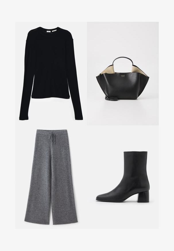 Black long-sleeve top made of soft fabric, featuring a round neckline and a relaxed fit with side slits at the hem for ease of movement.; Wide-leg, gray pants made of soft knit fabric with a drawstring waistband, showcasing a textured surface and clean edges.; Black leather ankle boot with a pointed toe and a chunky square heel. Smooth texture with a seamless design and minimalistic stitching.; Ree Projects ANN TOTE MINI - Handbag - black