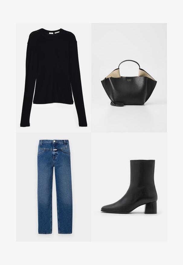 Juodas ilgų rankovių marškinėlis, pagamintas iš minkštos medžiagos, su apykakle ir laisvu siluetu, su šoninėmis sklendėmis apačioje, kad būtų lengviau judėti.; Mėlyni džinsai su tiesia iškirpte, penkiomis kišenėmis, mygtuku ir užtrauktuku, bei šiek tiek nusidėvėjimu tekstūrai.; Juodas odinis kulkšninis botas su smailiu pirštu ir masyviu kvadratiniu kulnu. Lygus paviršius be siūlių ir minimalizmu išsiskiriantis dizainas.; Ree Projects ANN TOTE MINI - Rankinė - black; Sidabriniai perlų auskarai su kreivai suformuota pupelės forma. Lygus, blizgus paviršius, uždaromi segtuku ir atgaline fiksacija.
