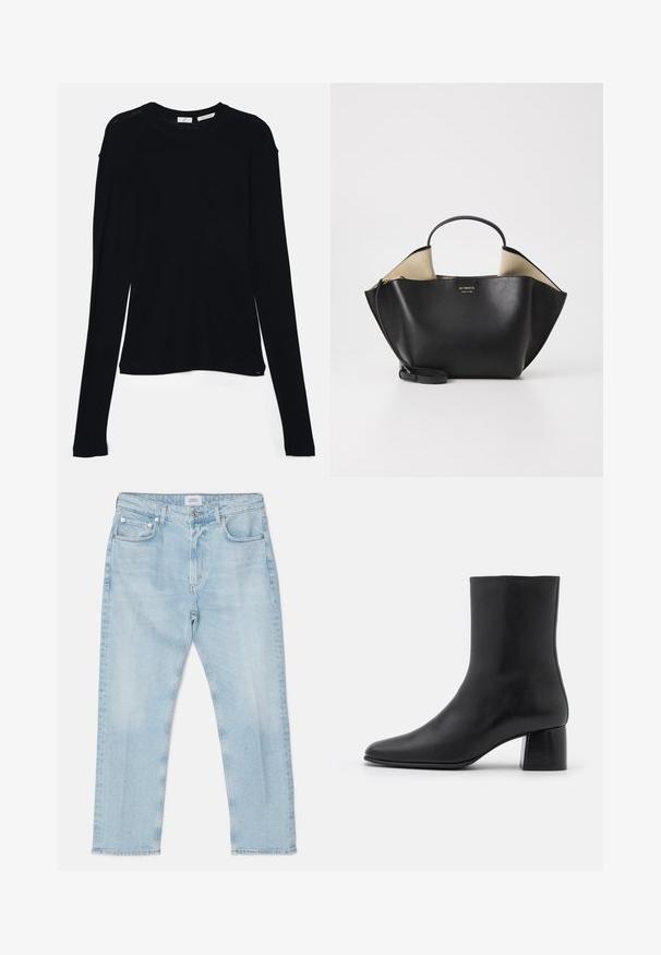 Juodas ilgų rankovių marškinėlis, pagamintas iš minkštos medžiagos, su apykakle ir laisvu siluetu, su šoninėmis sklendėmis apačioje, kad būtų lengviau judėti.; Šviesiai mėlynos džinsinės kelnės tiesiu kirpimu, su penkiais kišenėmis, mygtuku uždarymu ir šiek tiek nusidėvėjimu. Siuvinėtos detalės palei siūles.; Juodas odinis kulkšninis botas su smailiu pirštu ir masyviu kvadratiniu kulnu. Lygus paviršius be siūlių ir minimalizmu išsiskiriantis dizainas.; Ree Projects ANN TOTE MINI - Rankinė - black