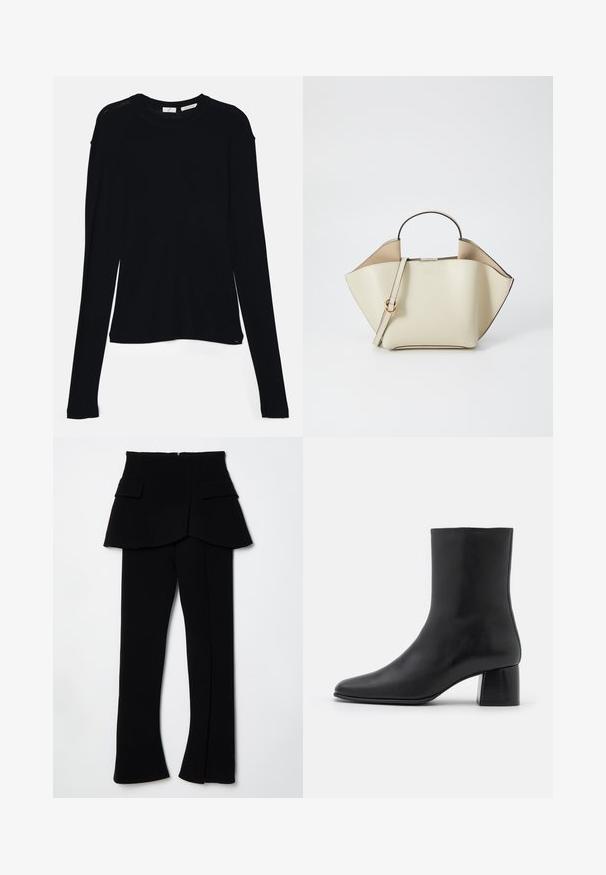 Black long-sleeve top made of soft fabric, featuring a round neckline and a relaxed fit with side slits at the hem for ease of movement.; Black tailored pants with a structured overlay at the waist, featuring two front pockets and straight leg design. Smooth fabric texture.; Black leather ankle boot with a pointed toe and a chunky square heel. Smooth texture with a seamless design and minimalistic stitching.; Ree Projects ANN - Handbag - beige; Silver pearl earrings with a curved, bean shape. Smooth, shiny surface and secured with a post and back closure.