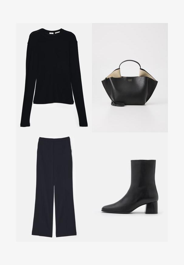 Haut noir à manches longues en tissu doux, avec un col rond et une coupe décontractée, doté de fentes sur les côtés à l'ourlet pour faciliter les mouvements.; Pantalons large en tissu lisse de couleur marine, avec une taille haute et deux plis avant s'étendant le long des jambes.; Bottine en cuir noir avec un bout pointu et un talon carré épais. Texture lisse avec un design sans coutures et descoutures minimalistes.; Ree Projects ANN TOTE MINI - Sac à main - black
