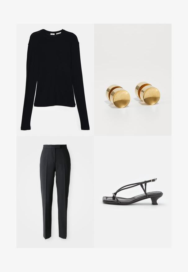 Fekete, hosszú ujjú felső, puha szövetből készült, kerek nyakkivágással és laza szabással, az alján oldalhasítékokkal a mozgás könnyítése érdekében.; Fekete, testre szabott, egyenes lábú nadrág magas derekú és elöl hajtott redőkkel, világos egyszínű háttér előtt bemutatva.; Fekete bőr szandál vékony pántokkal, alacsony blokk sarkú és négyzetes orrú. Csattal záródik és sima textúrájú.; Arany fém fülbevalók egyszerű, kerek formával, sima felülettel és középen fényes sávval. Átmérője körülbelül 1 cm.