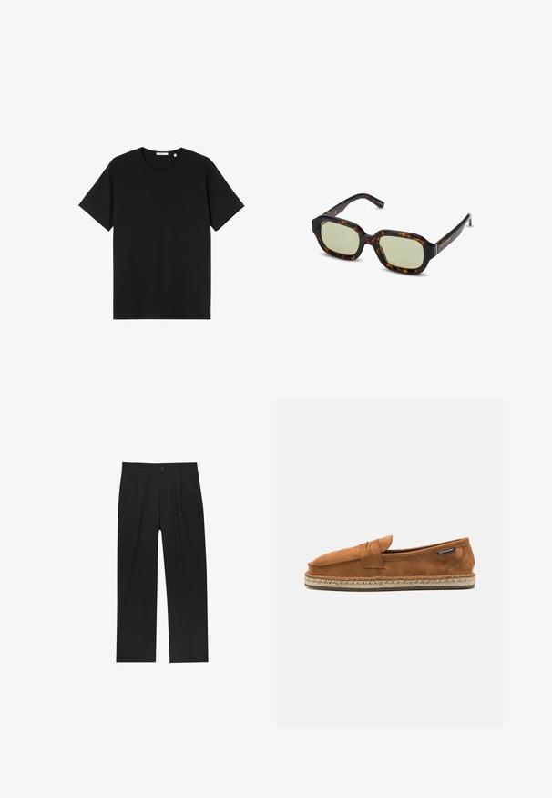 T-shirt noir à manches courtes en coton. Encolure ronde, coupe décontractée, texture lisse, sans motifs ni graphiques visibles.; Pantalons noirs au design droit, fabriqués à partir d'un tissu lisse. Dotés de plis sur le devant et d'une fermeture à un bouton à la taille.; Chaussure slip-on en suede marron avec un bout arrondi, présentant une semelle en jute tissée et une petite sangle d'accent à l'avant.; Lunettes de soleil en écaille de tortue avec des verres teintés de vert, de forme rectangulaire, avec des montures larges et une finition lisse. Accents sur les branches.
