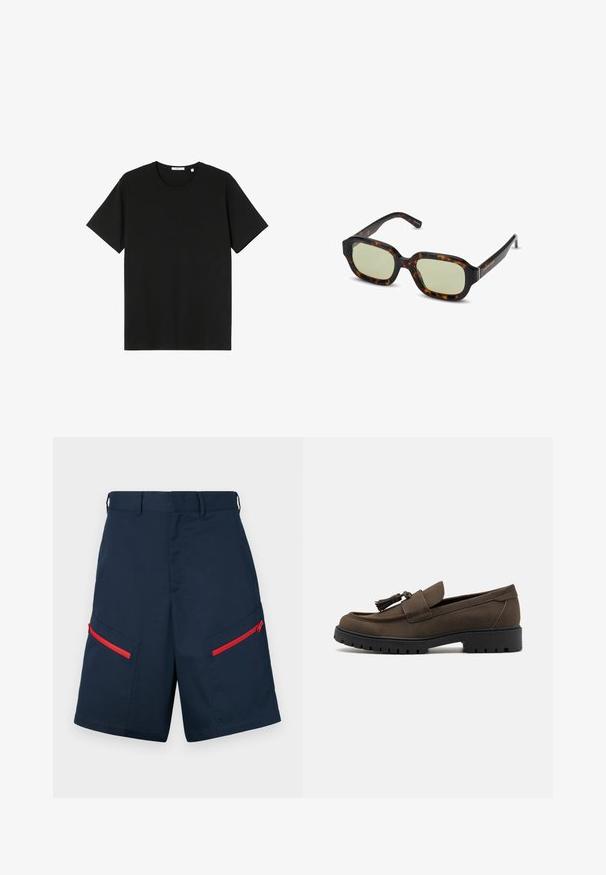 T-shirt noir à manches courtes en coton. Encolure ronde, coupe décontractée, texture lisse, sans motifs ni graphiques visibles.; Shorts cargo navy fabriqués avec deux poches zippées avec des accents rouges, devant plat et détails cousus.; Mocassins en daim brun avec une tige lisse, un bout arrondi et un noeud décoratif. Dotés d'une semelle en caoutchouc noire robuste pour une bonne adhérence.; Lunettes de soleil en écaille de tortue avec des verres teintés de vert, de forme rectangulaire, avec des montures larges et une finition lisse. Accents sur les branches.