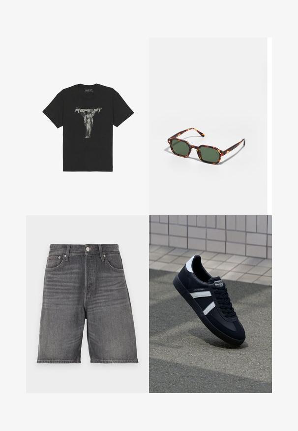 Svart bomullströja med korta ärmar, med en grafisk bild av en staty på framsidan och ordet "REPENT" i fet grå text.; Jeansshorts i mörkgrått med rak passform. Har fem fickor, midjeband med bältesöggor och knappgylf.; Svart lädersneaker med vita ränder, texturerad gummisul, och snörning fram. Har en märkesskylt på tungan.; Sköldpaddsbeslag av solglasögon med gröna linser, vinklade i en oktagonal form och med smala, böjda skalmar. Materialet har en glansig yta.