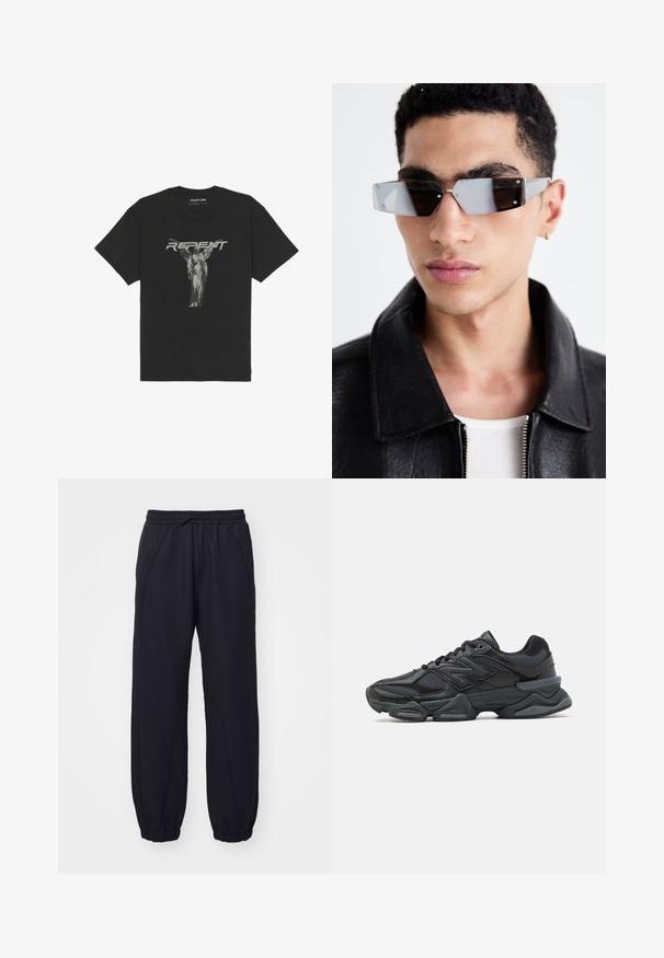 Camiseta de algodón negra de mangas cortas, con un gráfico frontal de una estatua y la palabra "REPENT" en letras gruesas de color gris.; Pantalones de chándal negros, hechos de un tejido suave, con una cintura elástica y cordón, bajos ajustados y costuras decorativas.; Zapatilla de running negra que presenta una combinación de malla y materiales sintéticos, suela gruesa, diseño curvado y una marca prominente en el costado.; Gafas de sol angulares de tonalidad gris con detalles en plata, sobre un fondo claro. Las lentes presentan una forma geométrica única.