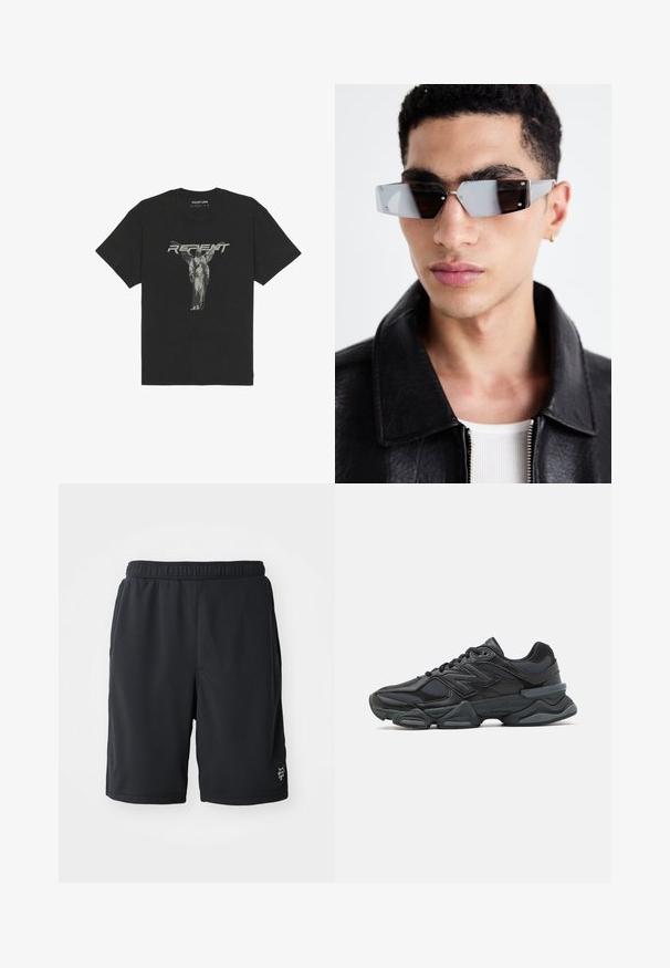 Melnas kokvilnas T-krekls ar īsām piedurknēm, kurā ir priekšējā grafika ar statuju un vārds "NOŽĒLO" treknā pelēkā fontā.; Melni sporta šorti, kas izgatavoti no elpojoša sieta materiāla, ar elastīgu jostasvietu un smalku logotipa detaļu apakšējā labajā pusē.; Melna skriešanas apavi ar jauktu acu audumu un sintētiskiem materiāliem, masīvu zoli, izliekta dizaina elementiem un izteiktu zīmola logotipu uz sāniem.; Stūrainas pelēkā toņa saulesbrilles ar sudraba detaļām, novietotas uz gaiša fona. Lēcas ir ar unikālu ģeometrisku formu.