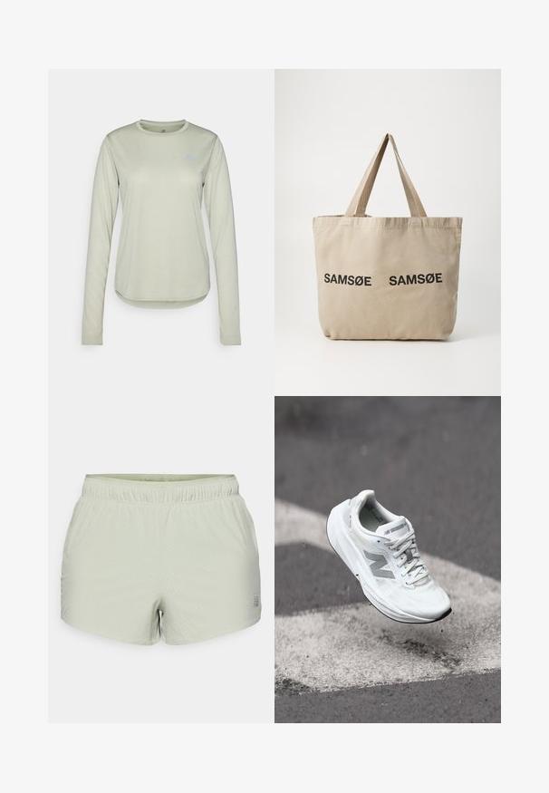 Kerge roheline pikkade varrukatega särk, mis on valmistatud tekstuuriga kangast, millel on ümmargune kaelus ja väike logo vasakul rinnaosal.; Heledad helesinised sportlikud lühikesed püksid, mis on valmistatud hingavast kangast, millel on perforatsiooniga tekstuur ja elastne vöökoht. Logo on trükitud küljele.; Valge jooksusüsteem, millel on tekstuuriga võrkkude ülemine osa, hallid aktsendid ja pehmendatud tald, kuvatud õhus asfaldimärgise kohal.; Beež kangastoot mõlema külje peal kahe musta trükitud "SAMØE" logoga. Omab tugevaid beeže õlarihmasid ja lihtsat, struktureerimata disaini.