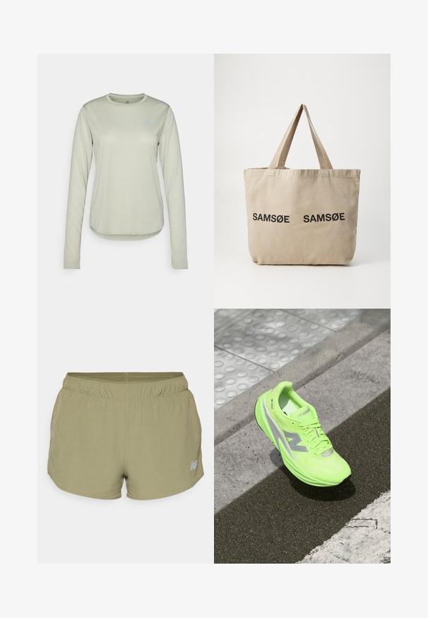 Šviesiai žalia ilgomis rankovėmis marškinėliai, pagaminti iš tekstūruoto audinio, su apvalia iškirpte ir mažyčiu logotipu kairėje krūtinės pusėje.; New Balance SHORT - Sportiniai šortai - dark olivine; Ryškiai neoninė žalia New Balance bėgimo batai gulintys ant tekstūruoto asfalto šalia taktilinės vaikščiojimo paviršiaus ir įvažiavimo krašto.; Šviesiai ruda drobinė rankinė su dviem juodais spausdintais "SAMØE" logotipais. Yra tvirtos šviesiai rudos petnešos ir paprastas, struktūrizuotas dizainas.