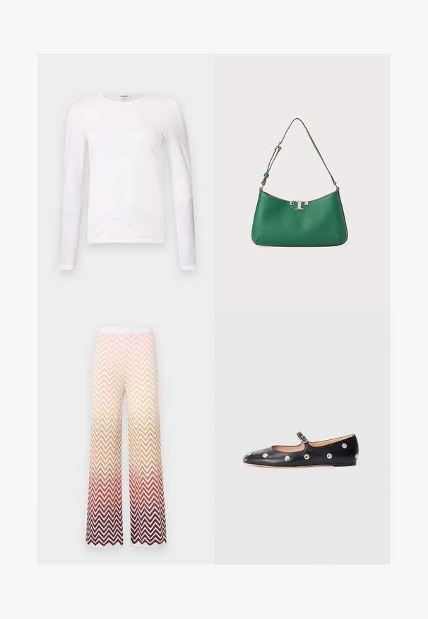 Vit långärmad t-shirt i mjuk bomull, med rund halsringning och en slimmad passform som har rena sömmar och inga synliga mönster.; Vidbenade stickade byxor med ett zigzag chevron-mönster som övergår från krämfärg till orange och djupröd, med ett vitt elastiskt midjeband.; Svart läder Mary Jane lägenhetssko med rund tå, prydd med silverfärgade cirkulära nitar och ett justerbart band med spänne.; Grön läderhandväska med en böjd form, silverdetaljer, texturerad yta och en justerbar axelrem.