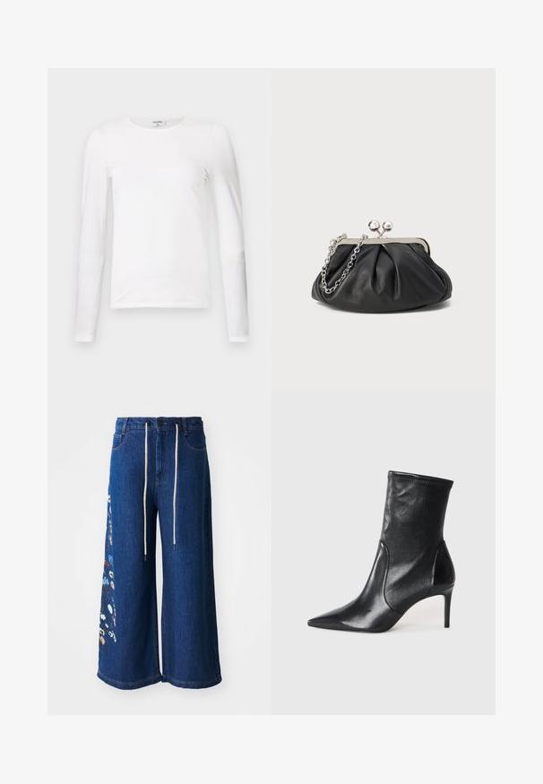 Vit långärmad t-shirt i mjuk bomull, med rund halsringning och en slimmad passform som har rena sömmar och inga synliga mönster.; Bredbenta denimbyxor i mörkblått med blommig broderidetalj på vänster ben. Har dragsko i midjan och klassisk femficksdesign.; Svarta ankelskor i slät läder, med spetsig tå, åtsittande skaft och en smal hög klack. Minimalistisk design utan synlig hårdvara.; Svart läderclutch med rynkad struktur, silverfärgad metallram, lås med kysslås och kedjesnodd. Slät, mjuk yta.