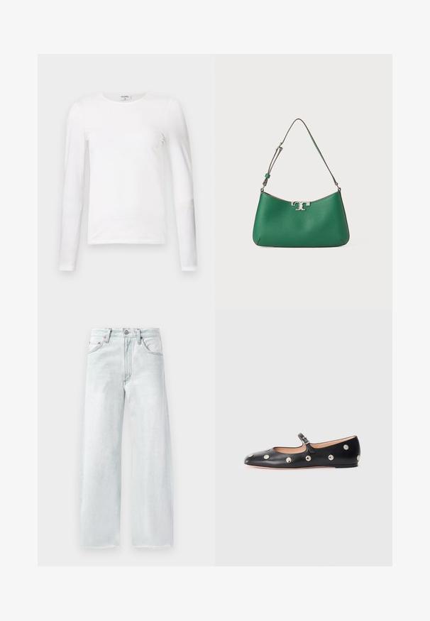 Balta ilga piedurkne T-kreklu, izgatavota no mīkstas kokvilnas, ar apaļu kakla izgriezumu un šaura piegriezuma dizainu, ar gludām šuvēm un bez redzamām apdrukām.; Gaiši zili platās kājas džinsi, izgatavoti no denima. Ar pogājamu jostu, piecām kabatām un saplēstu apakšmalu. Displejs ar smalku tonālo izšuvumu.; Melna ādas Mary Jane līdzena zābaku ar noapaļotu purngalu, kurā ir sudraba apaļie kniedes un regulējama siksniņa ar sprādzi.; Zaļa ādas rokassoma ar izliekta forma, sudraba aksesuārs, teksturēta virsma un viena regulējama plecu siksna.