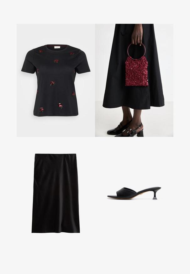 T-shirt en coton noir avec des roses brodées rouges et des accents verts, à manches courtes et col rond. Texture lisse avec une coupe décontractée.; Jupe crayon noire en tissu lisse et léger. Présente une coupe droite et un design simple, sans ornements visibles ni motifs.; Mule en cuir noir à bout ouvert avec une large bride. Présente un talon curvé élégant et une semelle intérieure lisse. La semelle a une couleur tan contrastante.; Sac à main bordeaux en sequins avec une poignée circulaire, de forme rectangulaire et surface texturée ; assorti à une jupe noire et des chaussures noires brillantes.