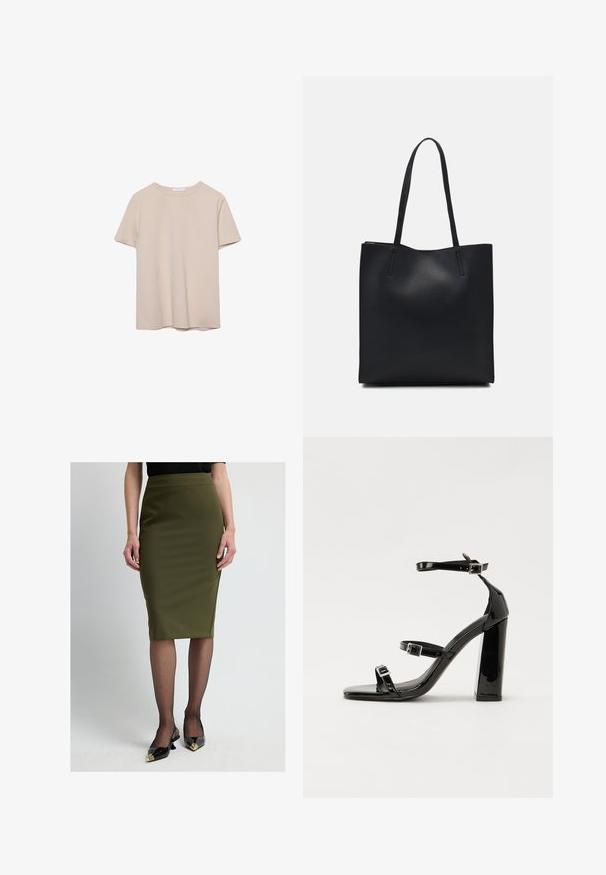 Beige lyhythihainen crew neck -t-paita, jossa on yksinkertainen muotoilu, aseteltuna tasaisesti valkoista taustaa vasten.; Olivi vihreä kynähame, jossa on sileä pinta ja korkea vyötärömuotoilu. Yhdistetty läpikuultaviin mustiin sukkahousuihin ja huippukärkiin mustiin kenkiin, joissa on kultaisia yksityiskohtia.; Musta kiiltävä korkokenkä sandaalit neliönmuotoisella varpaalla, nilkkaremmillä ja hopeisilla soljilla. Varustettu tukevalla lohkokorkealla vakauden takaamiseksi.; Mustapahkainen kangaskassi, jossa on sileä pinta, suorakaiteen muotoinen ja kaksi pitkää kahvaa. Ei näkyvää metalliosaa tai koristeita.