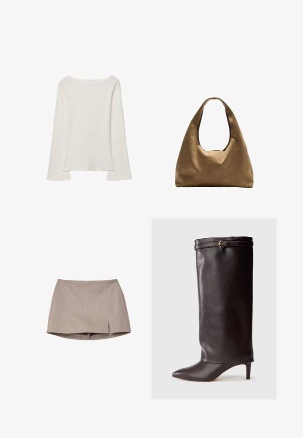 Hvid langærmet top med bådudskæring. Lavet af blødt materiale, harflammende ærmer og en lige kant, hvilket giver et enkelt og alsidigt design.; Brun og hvid lille ternet mini skirt med en frontslids, vist fladt på en hvid baggrund.; Sort læder knæ-høj støvle med spids tå og slank hæl. Har en fold-over top med en guldfarvet spændeaccents. Glat tekstur.; Brun stof skuldertaske med en bred, rundet krop og et stort udsnit håndtag. Blød tekstur, minimalistisk design og ingen synlig hardware.
