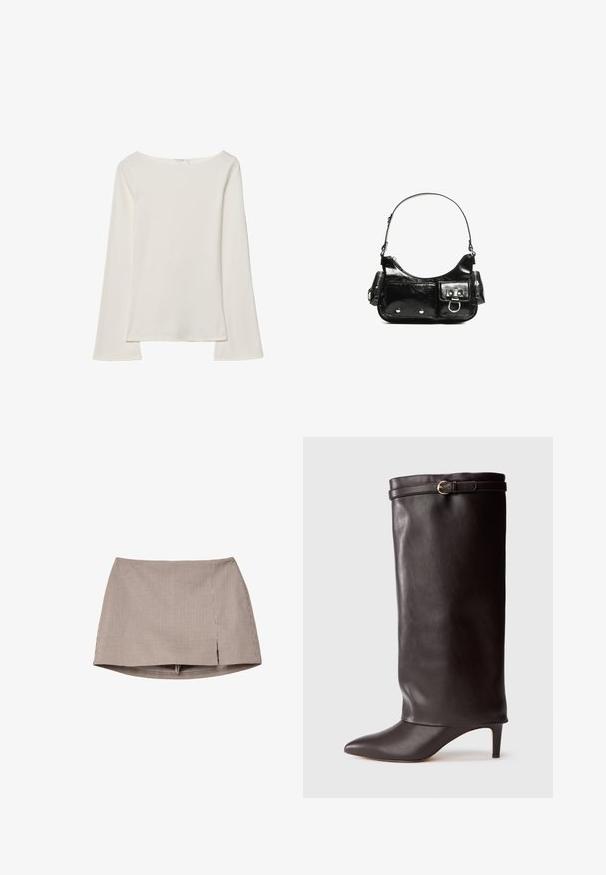 Weißes Langarmtop mit einem Boot-Ausschnitt. Hergestellt aus weichem Material, zeichnet sich durch ausgestellte Ärmel und einen geraden Saum aus und bietet ein einfaches und vielseitiges Design.; Braun-weißer, kariert Minirock mit einem vorderen Schlitz, flach auf einem weißen Hintergrund ausgebreitet.; Schwarze Lederstiefel bis zum Knie mit spitzem Fuß und schmalem Absatz. Merkmale sind eine umgeschlagene Oberkante mit einer goldfarbenen Schnallenakzent. Glatte Textur.; Schwarze Lackleder-Handtasche mit geschwungenem Design, einem Schulterriemen, Vordertaschen und silberfarbenen Hardware-Akzenten.