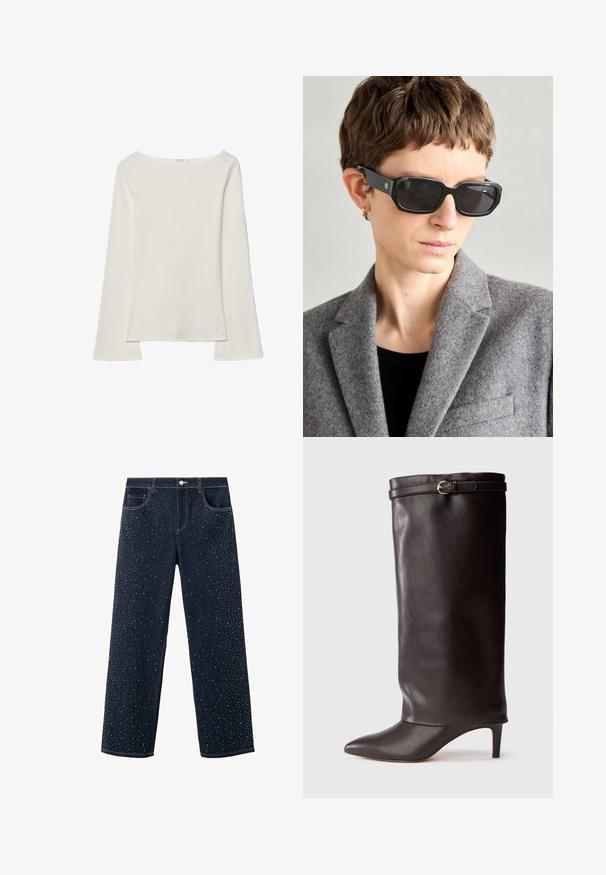 Bela dolga majica z rokavi in čolničastim izrezom. Narejena iz mehkega materiala, ima razširjene rokave in ravno robno obdelavo, kar ponuja preprost in vsestranski dizajn.; Temno modri kavbojke s širokim krojem, okrašene z razpršenimi kristalčki na sprednji strani. Klasičen kroj s petimi žepi.; Črne usnjene škornje do kolen s koničastim nosom in ozkim peto. Imajo zloženi zgornji del z zlatim sponko kot okras. Gladka tekstura.; Črne pravokotne sončne očala s temnimi lečami, matirano dno in zlatim logotipom na ročaju; nosijo jih z sivo volneno blazerko in črnim zgornjim delom.