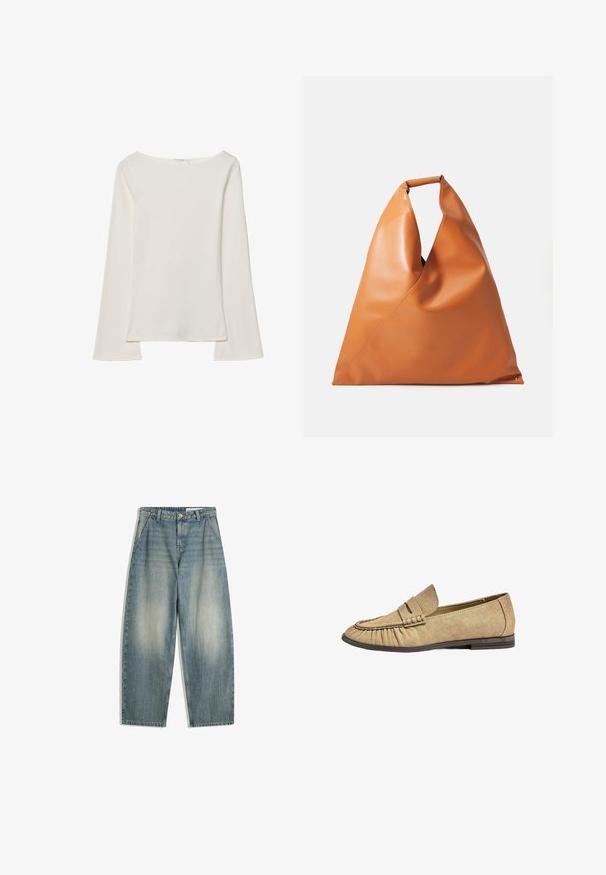 Biała bluzka z długim rękawem i dekoltem łódkowym. Wykonana z miękkiego materiału, z rozszerzanymi rękawami i prostym wykończeniem, oferująca prosty i uniwersalny design.; Niebieskie szerokie jeansy w kolorze spranym z przednimi kieszeniami, szlufkami na pasek, zamkiem błyskawicznym i zapięciem na guzik, ułożone płasko na białym tle.; Beżowe tekstylne mokasyny z zaokrąglonym noskiem, plisowanym detalem i płaską gumową podeszwą. Posiadają podniesiony pasek na wierzchu.; Gładka, brązowa skórzana torebka w kształcie trójkąta z krótkim, zaokrąglonym uchwytem i miękką, luźną strukturą na białym tle.