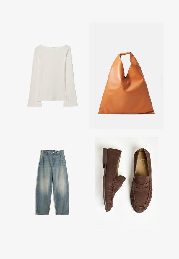 Bílý dlouhý rukáv top s lodičkovým výstřihem. Vyroben z měkkého materiálu, má zvonové rukávy a rovný lem, nabízí jednoduchý a univerzální design.; Modré rozšířené džíny s vyšisovaným efektem, předními kapsami, poutky na opasek, zapínáním na zip a knoflík, ležící rovně na bílém pozadí.; Hnědé semišové mokasíny s plochým podpatkem, které mají skládací design a prošívané detaily. Interiér je vyložený světlou podšívkou.; Hladká kožená trojúhelníková kabelka v béžové barvě s krátkým zaobleným uchem a měkkou, skládací strukturou na bílém pozadí.