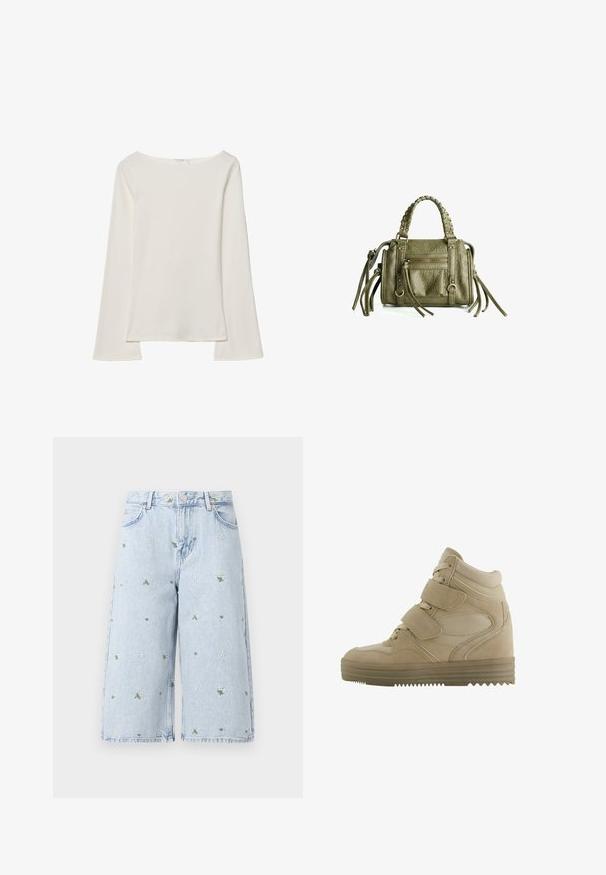 Bílý dlouhý rukáv top s lodičkovým výstřihem. Vyroben z měkkého materiálu, má zvonové rukávy a rovný lem, nabízí jednoduchý a univerzální design.; Světle modré džíny šortky s květinovou výšivkou, obsahující sedmikrásky a zelené listy. Klasický design s pěti kapsami a třepeným lemem.; Béžové vysoké tenisky s designem z jemné kůže a síťoviny, nastavitelné suché zipy a silná gumová podrážka se vzorem v zig-zag.; Olive zelená kožená kabelka s pletenými rukojeťmi, zipovým předním kapsou a dekorativními třásněmi. Texturovaný povrch, kompaktní obdélníkový tvar.