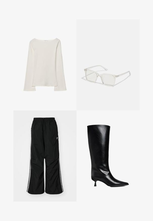 Vit långärmad topp med båthals. Tillverkad av mjukt material, har utställda ärmar och en rak nederkant, vilket ger en enkel och mångsidig design.; Svarta vindjackor i byxor med elastisk midja, dragsko, vita sidostråtar, lös passform och med en liten logotyp på vänster sida.; Svart läderknä-high stövel med spetsig tå, smal silhuett och låg blockklack med en glansig yta.; Klart plastfyrkantiga glasögon med genomskinliga linser, med guldfärgade detaljer på bågarna för extra stil.; Brun päls-scarf bärs över en krämfärgad tröja. Scarfen har en mjuk textur och en tjock, voluminös design som hänger elegant.