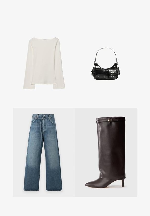 Top bianco a maniche lunghe con scollo a barco. Realizzato in materiale morbido, presenta maniche a campana e un orlo dritto, offrendo un design semplice e versatile.; Jeans a gamba larga blu in un lavaggio sbiadito, realizzati in denim con dettagli di cuciture visibili e chiusura a bottone in vita.; Stivale in pelle nera al ginocchio con punta affusolata e tacco sottile. Caratterizzato da una parte superiore pieghevole con un accento di fibbia in tonalità dorata. Texture liscia.; Borsa a spalla in vernice nera con forma curvata, una tracolla, tasche frontali e dettagli in metallo argentato.
