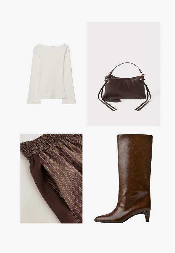 Bijela majica s dugim rukavima i brodskim dekolteom. Izrađena od mekanog materijala, ima raširene rukave i ravni rub, nudeći jednostavan i svestran dizajn.; Smeđa plisirana suknja s elastičnom trakicom u struku, sa vertikalnim prugama u svjetlijim nijansama. Glatka tekstura, tkanina se nježno obavija.; Smeđe kožne čizme do koljena s oštrim vrhom i suženim potpeticom, s glatkom teksturom i jednostavnim dizajnom.; Smeđi kožni ručni torba s zakrivljenim vrhom, kratkom drškom i dugim trakama. Sadrži zlatne detalje i glatku teksturu.