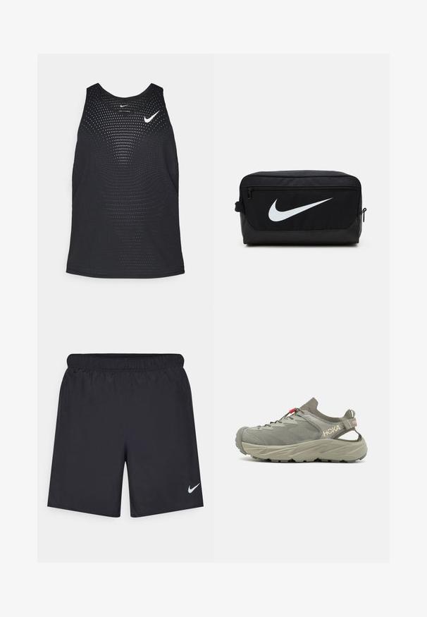 Fekete sportos trikó perforált textúrával és kerek nyakkivágással. Elöl fehér Nike logó található.; Fekete sportnadrág könnyű anyagból, rugalmas derékkal. A bal alsó oldalon egy kis fehér Nike-logó található.; Világosszürke sportcipő, hálós felső résszel, párnázott bokrésszel és fűzőhurkos rendszerekkel. Vastag, texturált talppal rendelkezik a stabilitás és a tapadás érdekében.; Fekete Nike pipere táska sima textúrával, fehér swoosh logóval, felső zipzárral és oldalsó zsebbel.