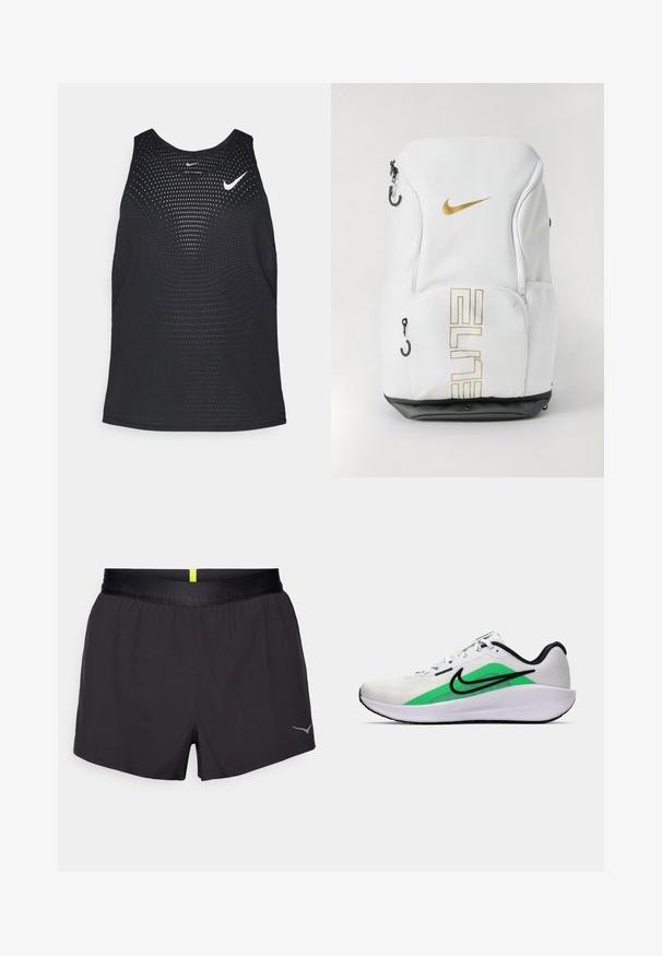 Musta urheilullinen tank top, jossa on rei'itetty pinta ja pyöreä kaula-aukko. Rinnassa on valkoinen Nike-logo.; Musta urheilushortsit satin-viimeistelyllä, joustava vyötärö ja heijastava logo alareunassa oikealla. Yksinkertainen muotoilu, kevyt kangas.; Valkoinen urheilukenkä, jossa on vihreä yksityiskohta, musta logo, verkkomateriaali päälliosassa, pehmustettu pohja ja pyöreä korko. Sisältää nauhat ja kontrastiväriä.; Valkoinen Nike-reppu, jossa on kultainen logo ja "ELITE"-teksti, vetoketjukiinnitykset, verkkokylkipussit ja musta pohja. Sileä rakenne.