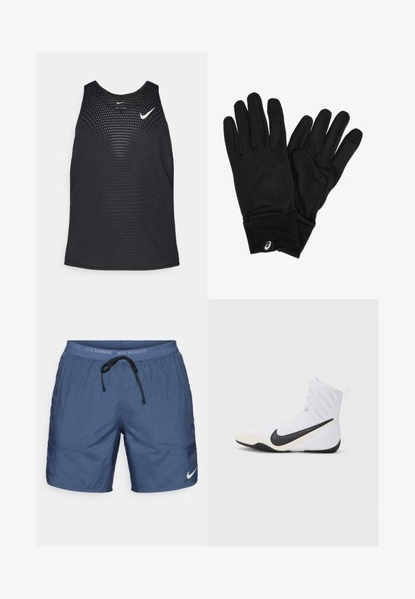 Black athletic tank top with a perforated texture and rounded neckline. Features a white Nike logo on the chest.; Navy blue athletic shorts made of lightweight material, featuring an elastic waistband with drawstring and side pockets. Logo accent on leg.; Nike athletic shoe in white with a black swoosh. Features a high-top design, textured upper, and a durable rubber outsole.; Black gloves made of a soft, stretch fabric with a snug fit. Includes a thick cuff and a small logo tag on the wrist area.