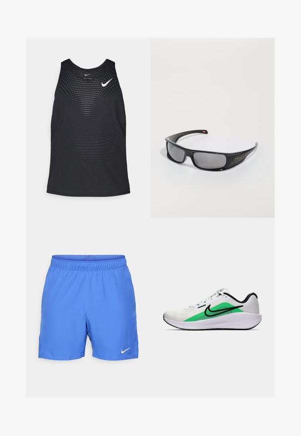 Fekete sportos trikó perforált textúrával és kerek nyakkivágással. Elöl fehér Nike logó található.; Kék sportnadrág könnyű, sima anyagból. Rugalmas derékpánt, az alsó bal oldalon egy kis fehér Nike logóval.; Fehér sportcipő zöld akcentussal, fekete logóval, hálós felsőrésszel, párnázott talppal és kerek sarkú kialakítással. Felszereltségében fűzők és kontrasztos részletek találhatók.; Fekete Oakley wraparound napszemüveg sötét téglalap alakú lencsékkel és ívelt szárakkal, tiszta fehér háttér előtt.
